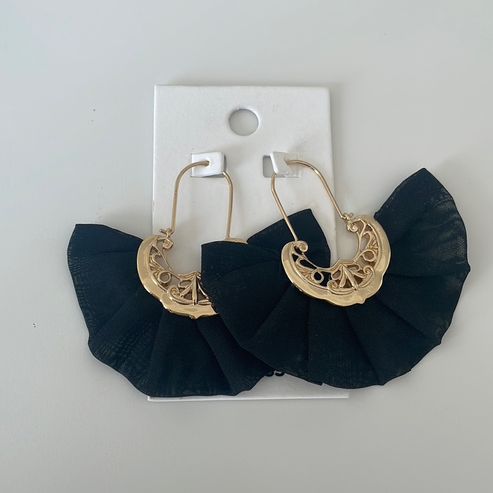 Black Ruffled Fabric Gold Pattern Earrings